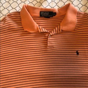 Peach and blue striped polo shirt